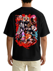 Demon Slayer Main Cast Group Front‑Back Print Black Oversized T‑Shirt