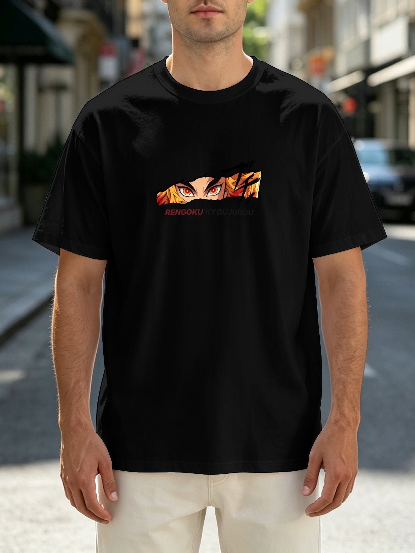 Demon Slayer Rengoku Kyojuro Front‑Back Print Black Oversized T‑Shirt