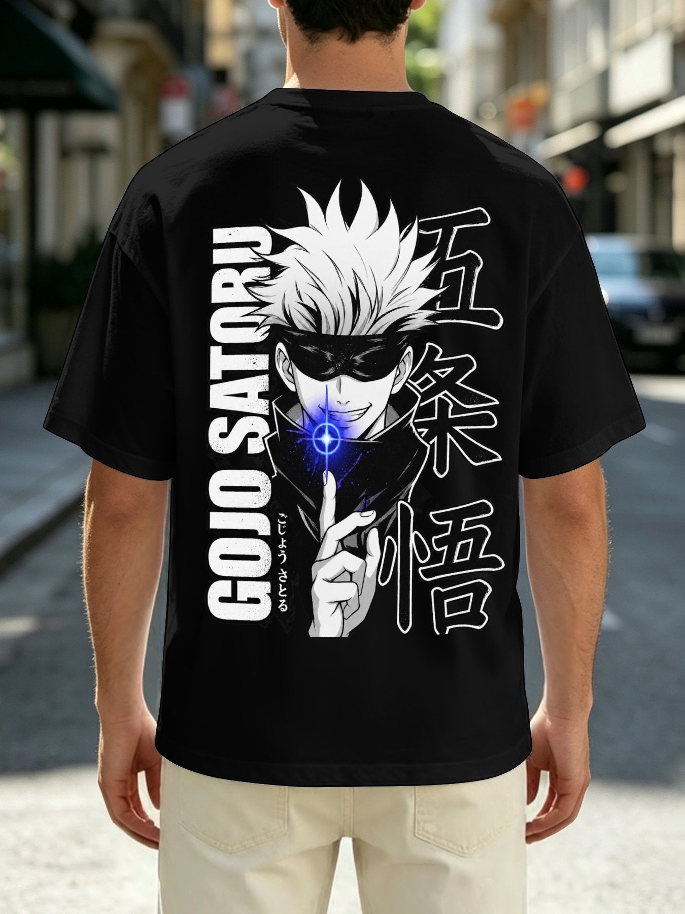 Jujutsu Kaisen Gojo Satoru Front‑Back Print Black Oversized T‑Shirt