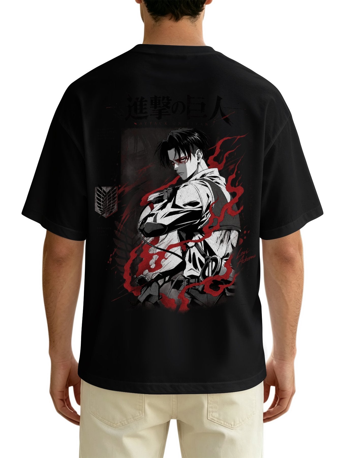 Attack On Titan Levi Ackerman Front‑Back Print Black Oversized T‑Shirt