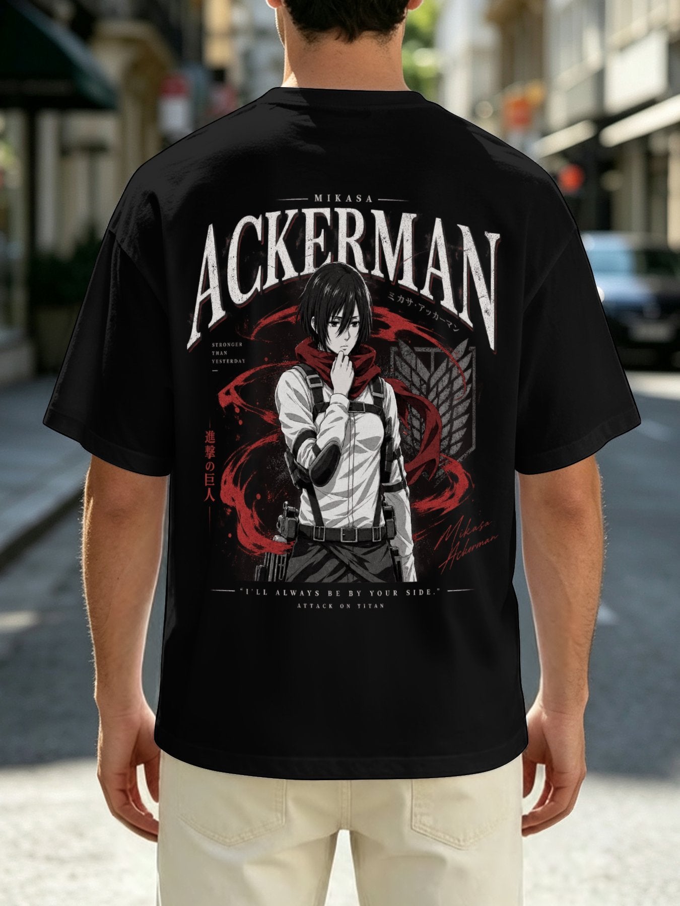 Attack On Titan Mikasa Ackerman Front‑Back Print Black Oversized T‑Shirt