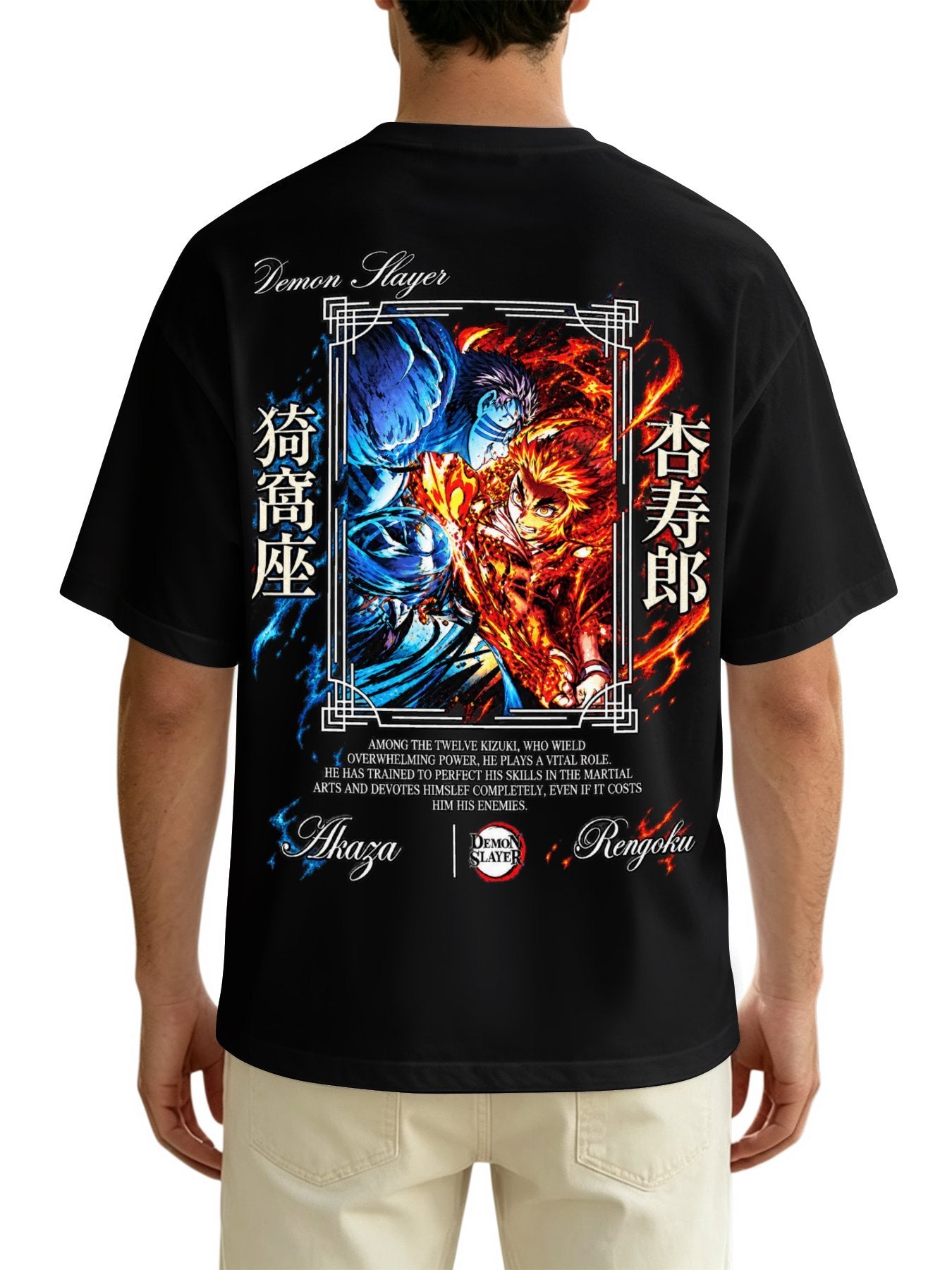 Demon Slayer Rengoku Kyojuro Front‑Back Print Black Oversized T‑Shirt
