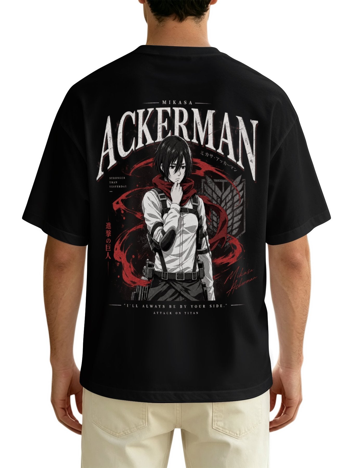 Attack On Titan Mikasa Ackerman Front‑Back Print Black Oversized T‑Shirt