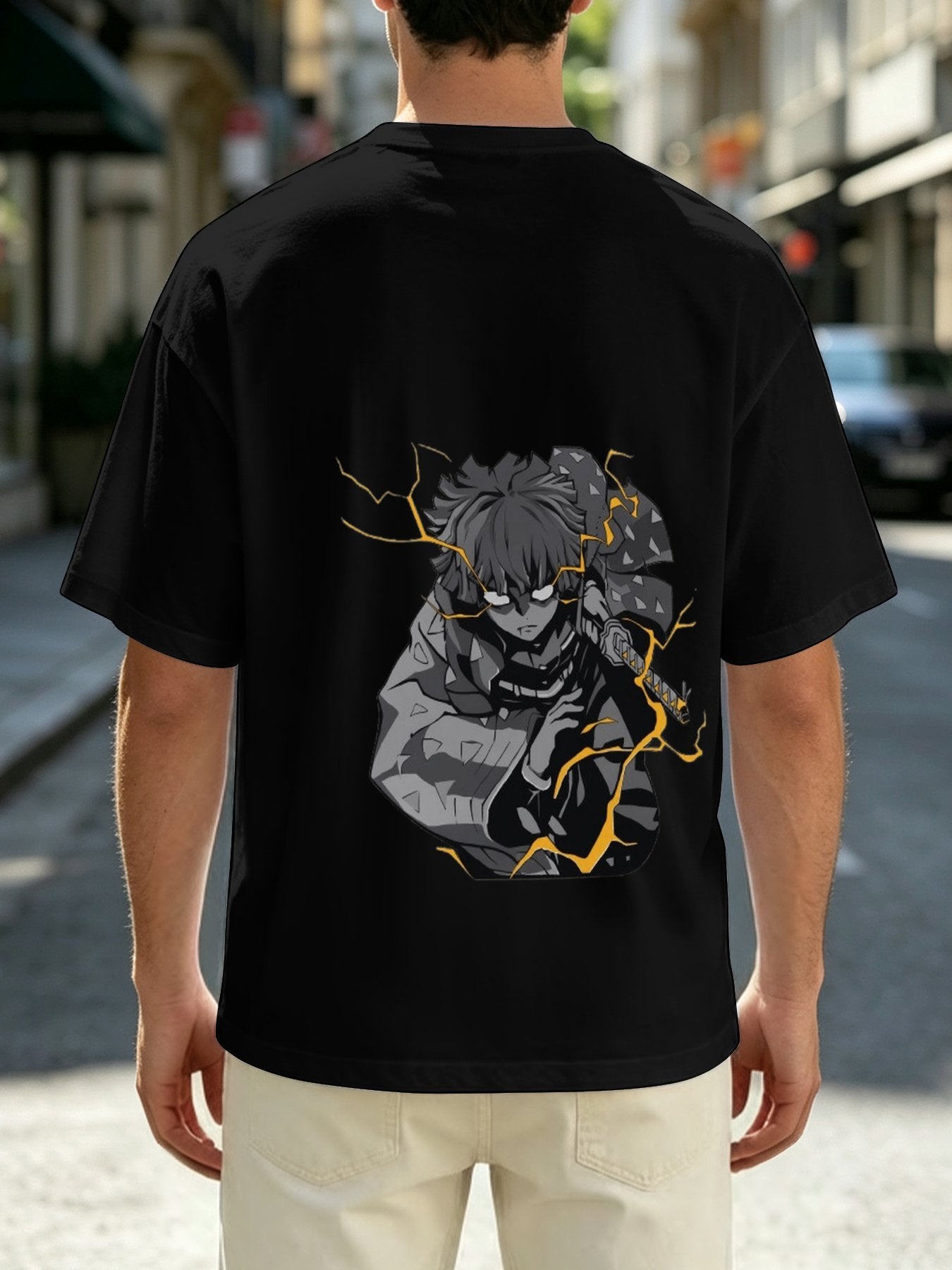 Demon Slayer Zenitsu Agatsuma Front‑Back Print Black Oversized T‑Shirt