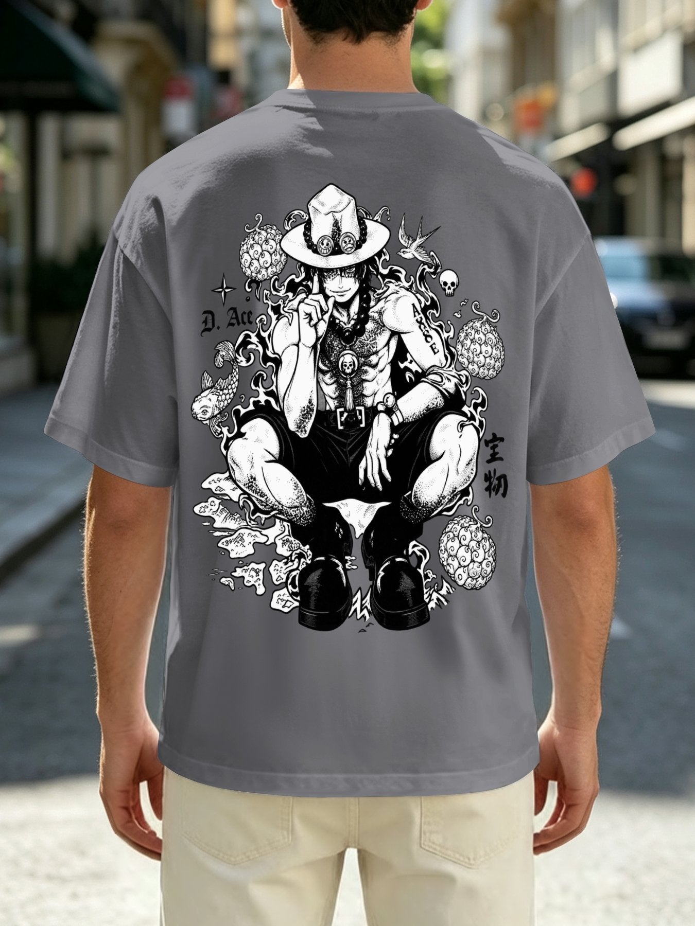 One Piece Ace Print Grey Oversized T‑Shirt