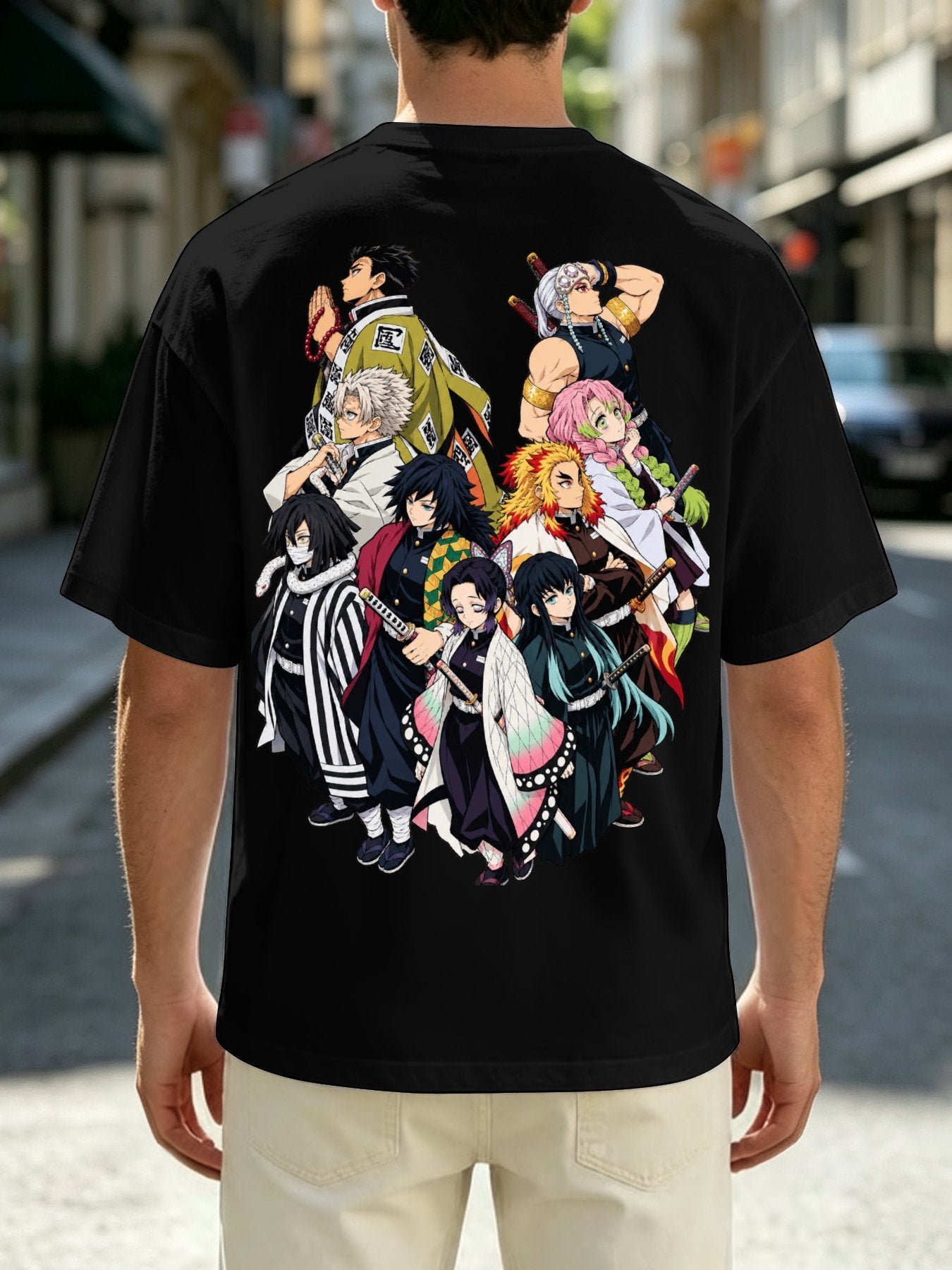 Demon Slayer Hashira Front‑Back Print Black Oversized T‑Shirt