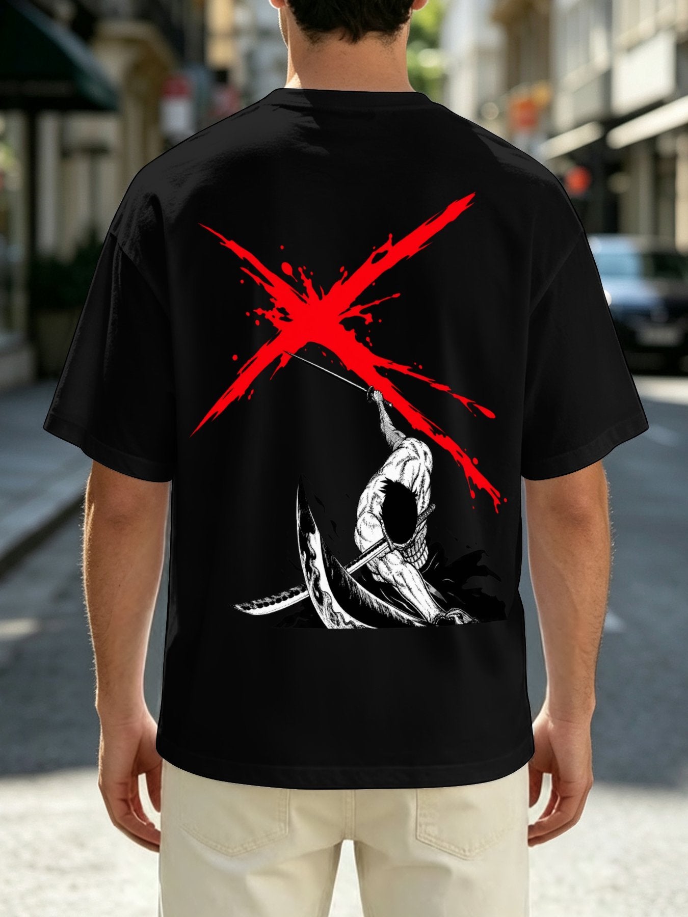 One Piece Zoro X Symbol Front‑Back Print Black Oversized T‑Shirt