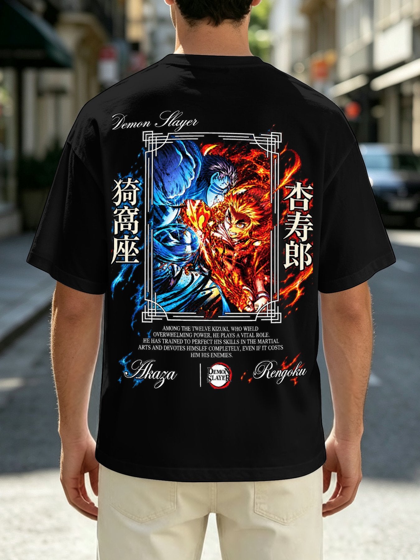 Demon Slayer Rengoku Kyojuro Front‑Back Print Black Oversized T‑Shirt