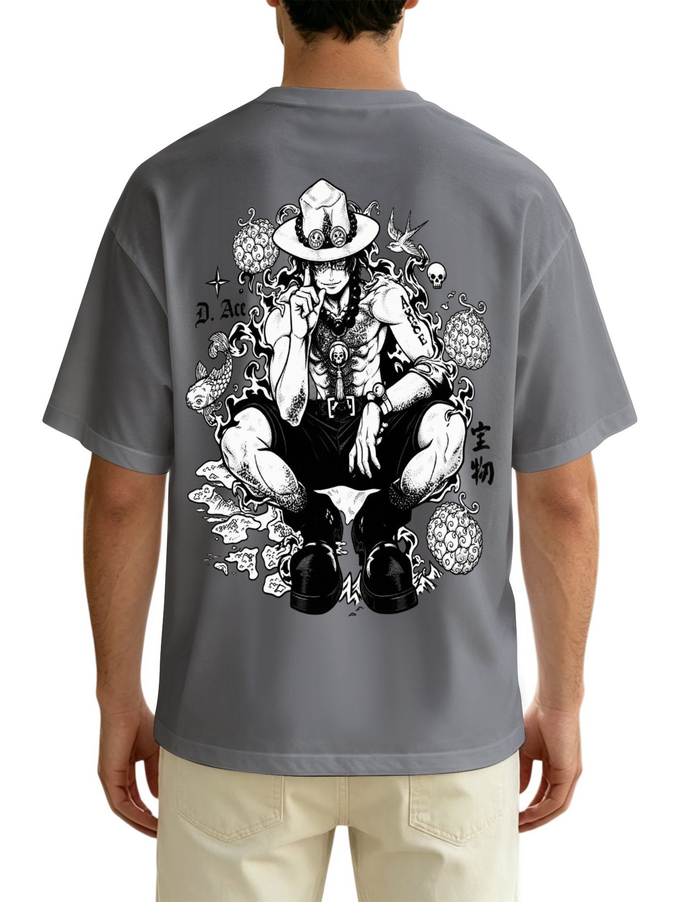 One Piece Ace Print Grey Oversized T‑Shirt