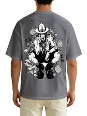 One Piece Ace Print Grey Oversized T‑Shirt