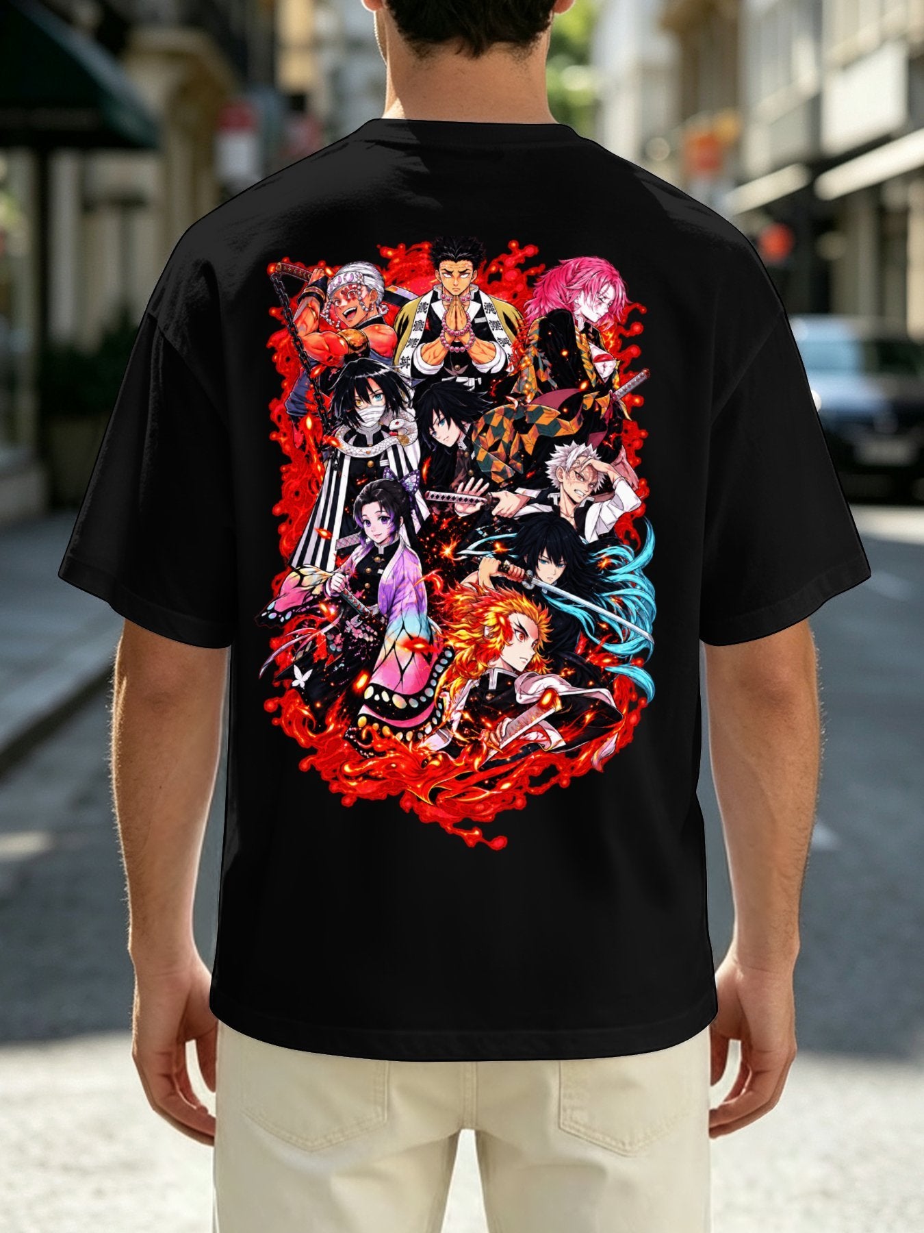 Demon Slayer Main Cast Group Front‑Back Print Black Oversized T‑Shirt