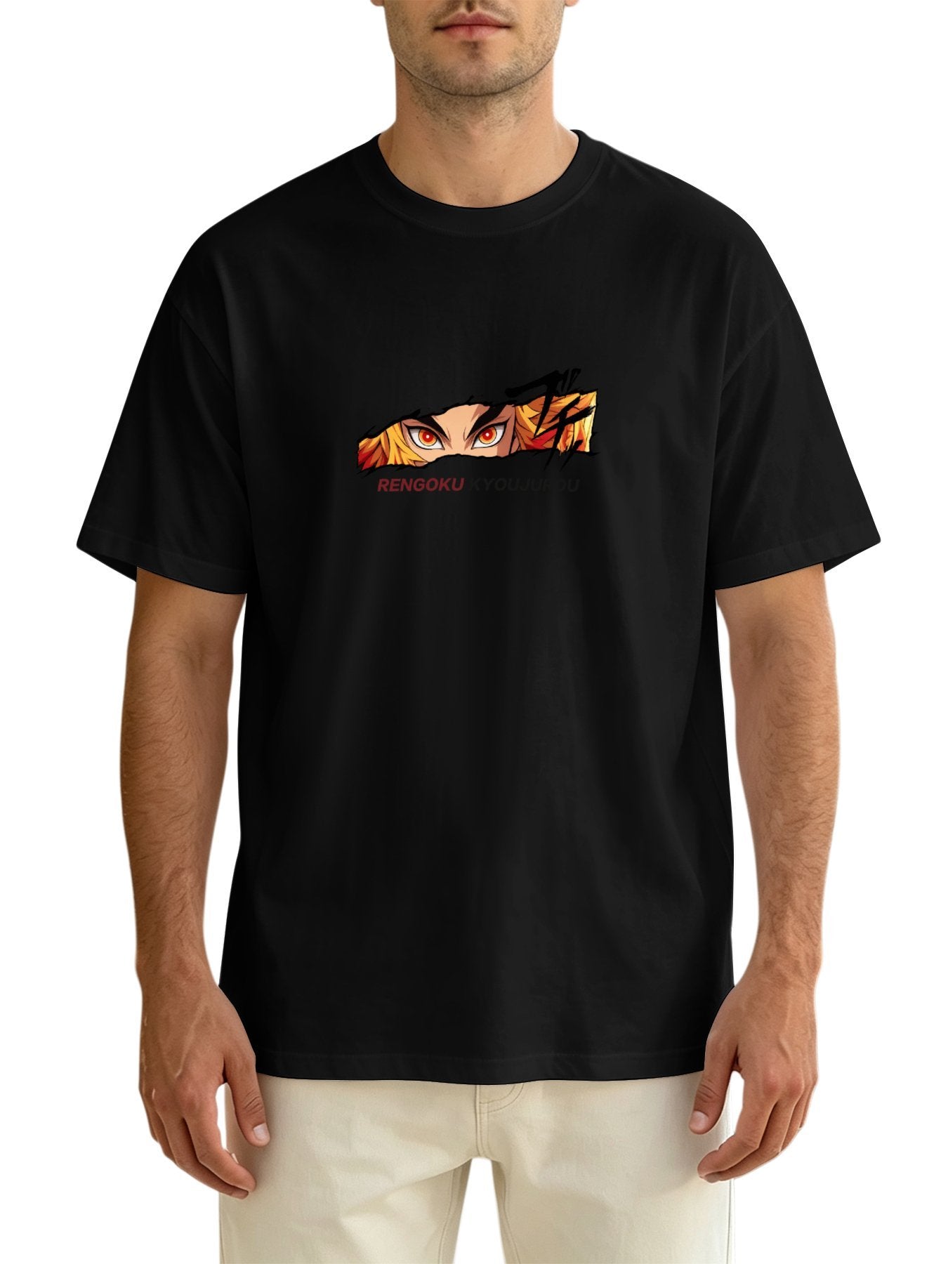 Demon Slayer Rengoku Kyojuro Front‑Back Print Black Oversized T‑Shirt