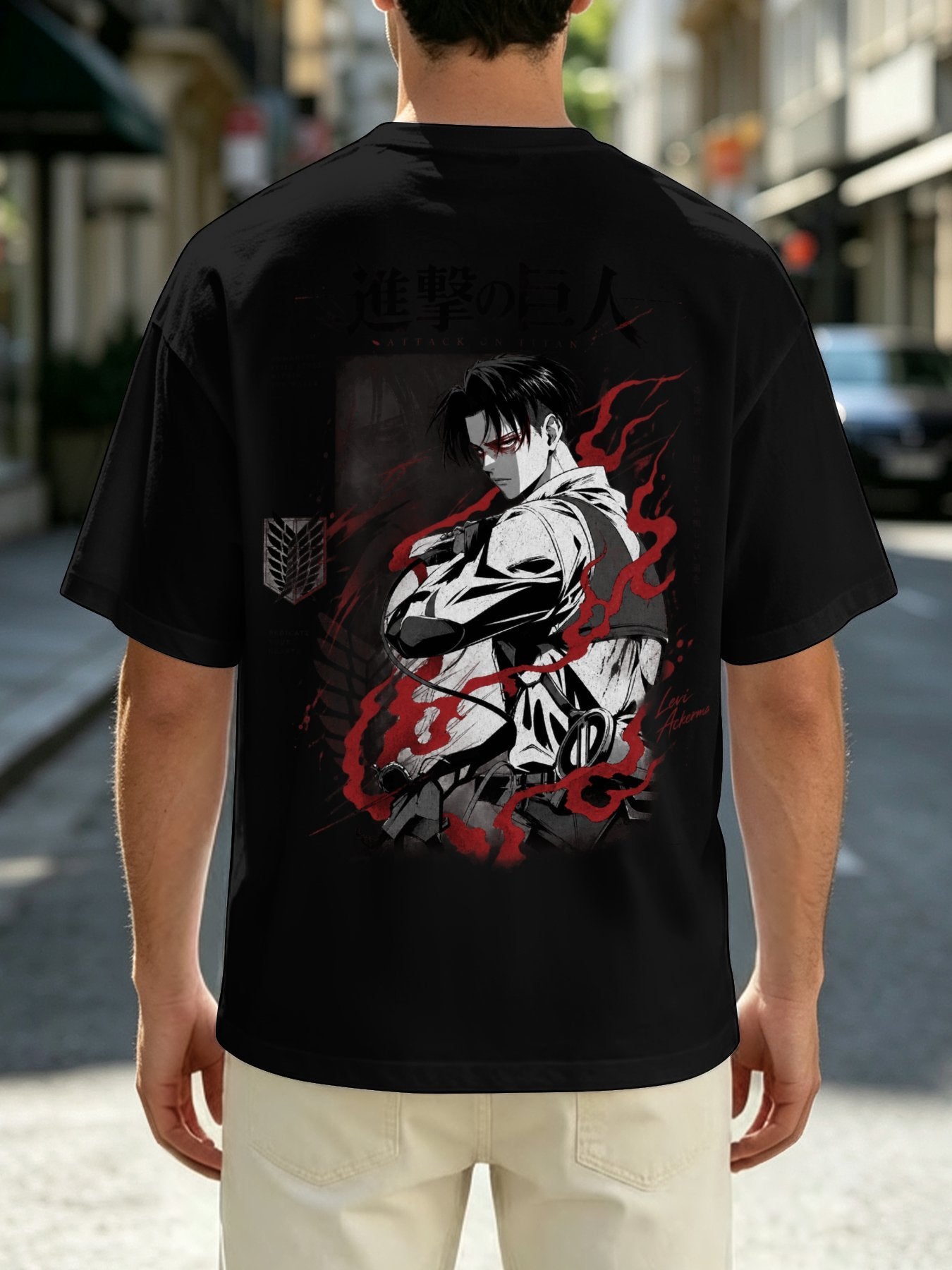 Attack On Titan Levi Ackerman Front‑Back Print Black Oversized T‑Shirt