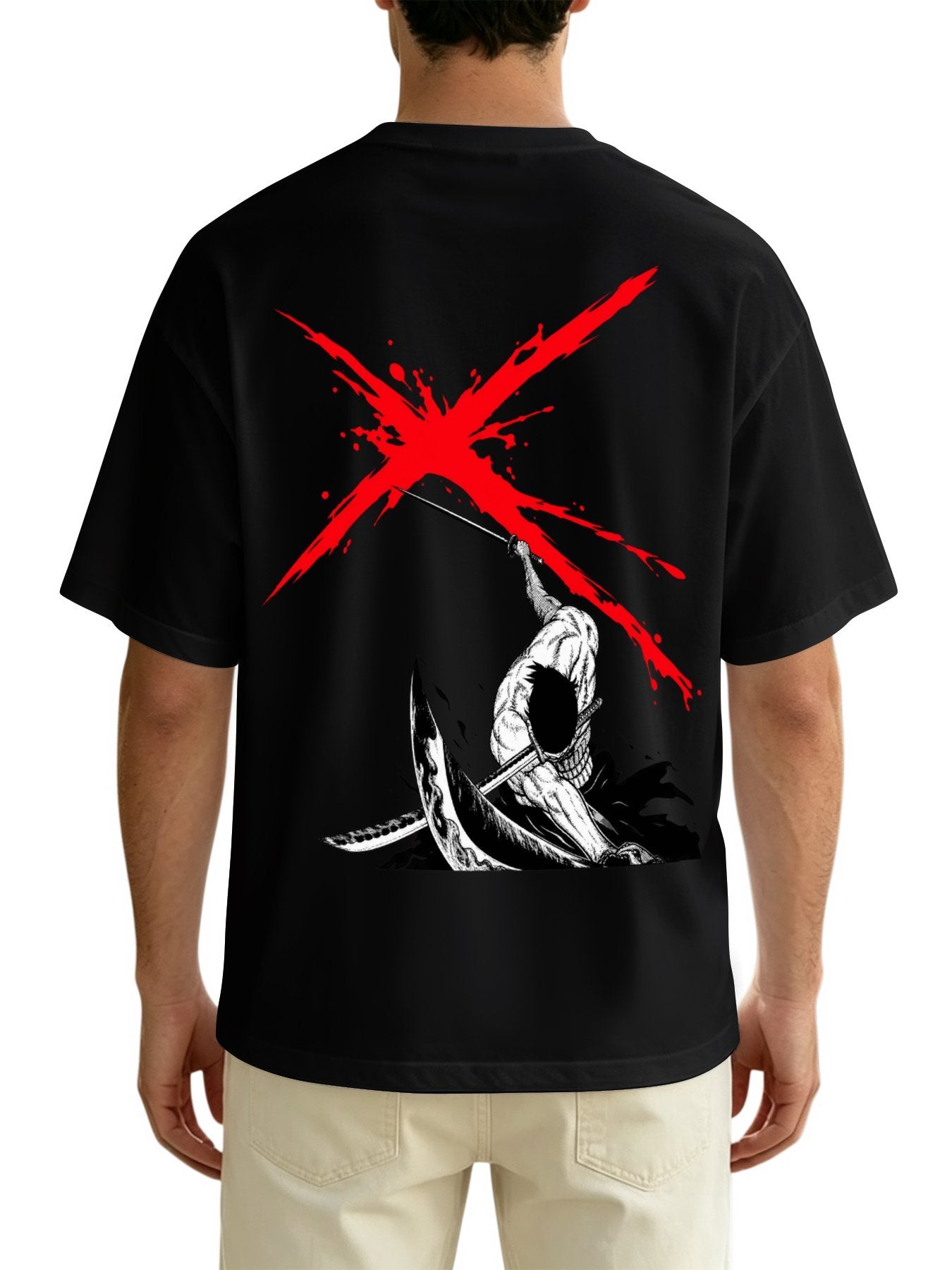 One Piece Zoro X Symbol Front‑Back Print Black Oversized T‑Shirt