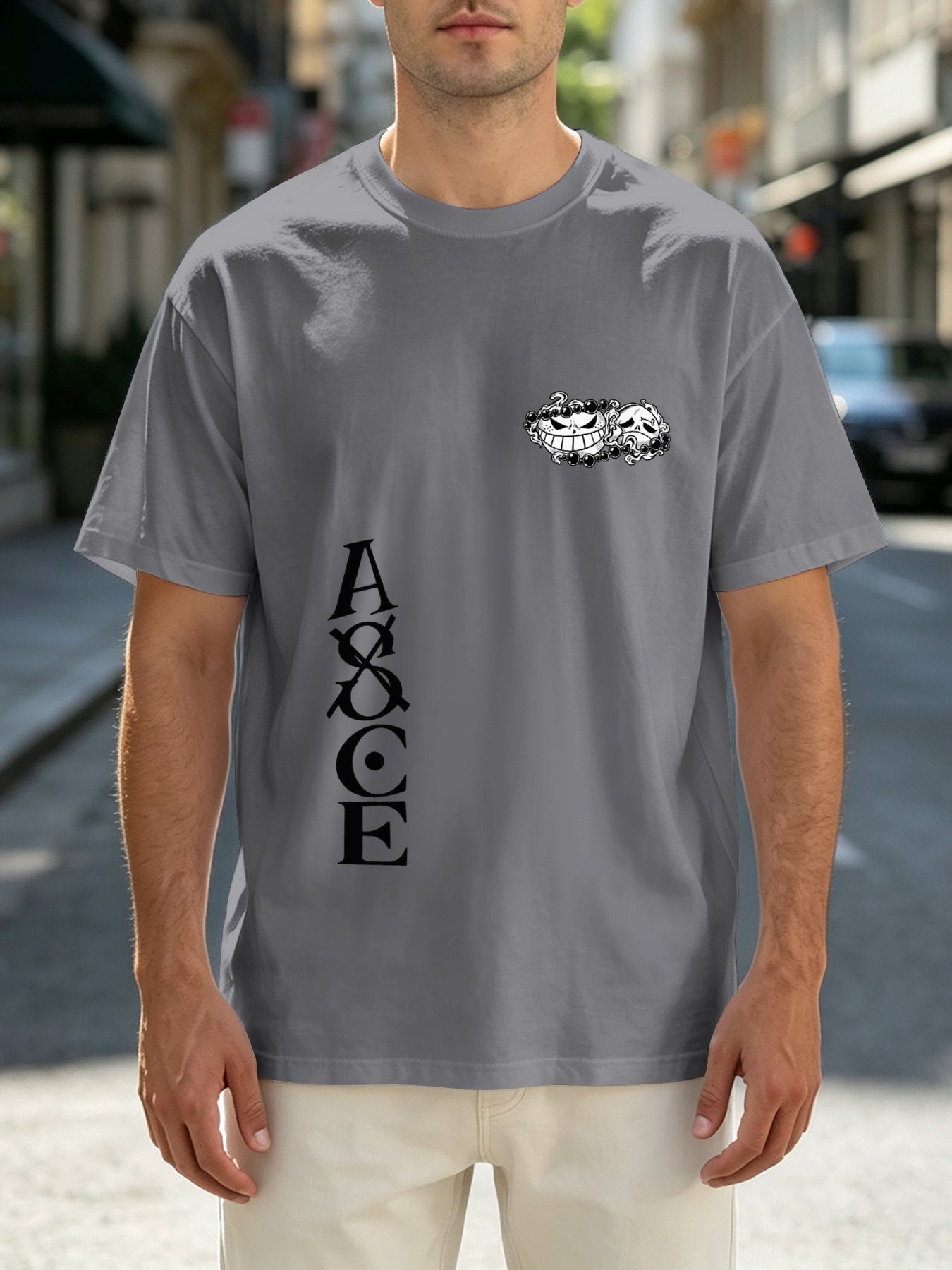 One Piece Ace Print Grey Oversized T‑Shirt