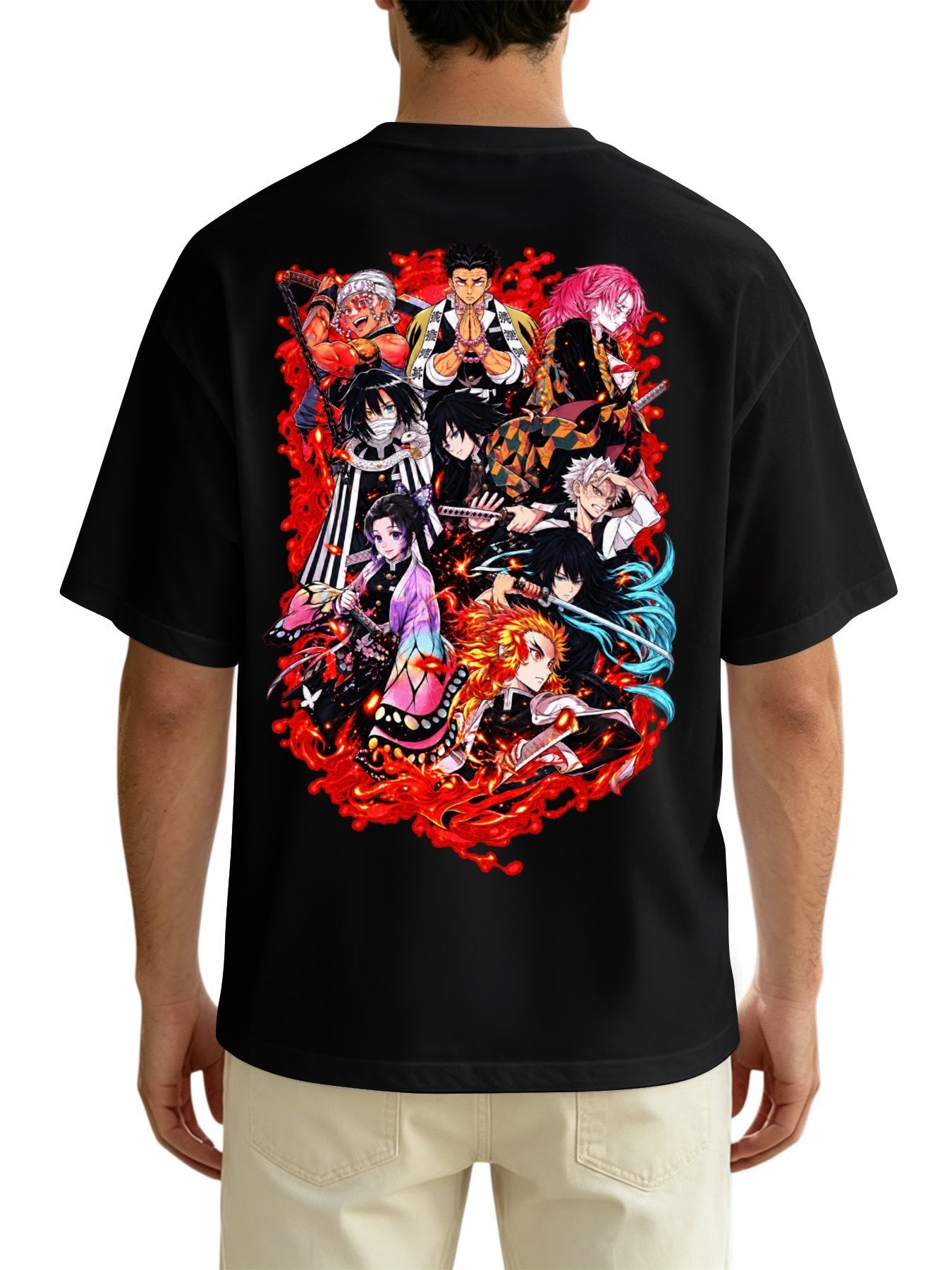 Demon Slayer Main Cast Group Front‑Back Print Black Oversized T‑Shirt